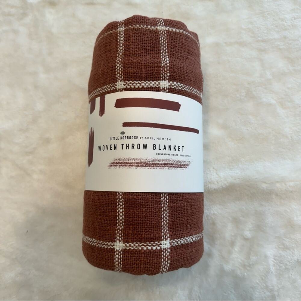 NWT Little Korboose 100% Cotton 50x60 Rust Orange Plaid Woven Knit Throw Blanket